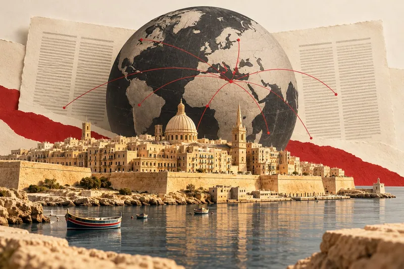 Editorial illustration connecting Malta, world news and bilingual publishing